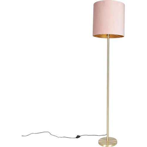 QAZQA - Modern Romantische Stehlampe Messing mit rosa Schirm 40 cm - Simplo I Wohnzimmer I Schlafzimmer - Textil Zylinder I Länglich - LED geeignet E27
