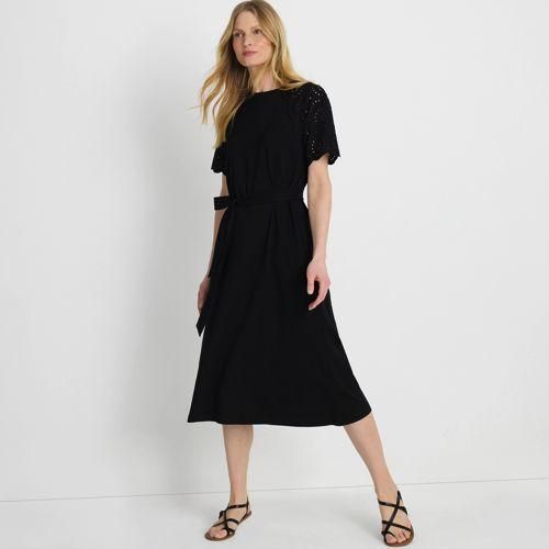 Midikleid mit Lochstickerei-Ärmeln, Damen,  Schwarz, Baumwolle, by Lands' End