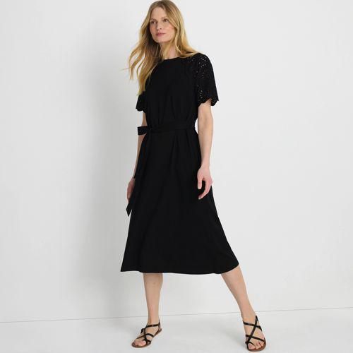 Midikleid mit Lochstickerei-Ärmeln, Damen,  Schwarz, Baumwolle, by Lands' End