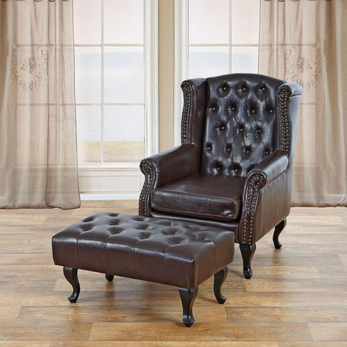 Sessel Relaxsessel Clubsessel Ohrensessel Chesterfield, Kunstleder antik-braun mit Ottomane