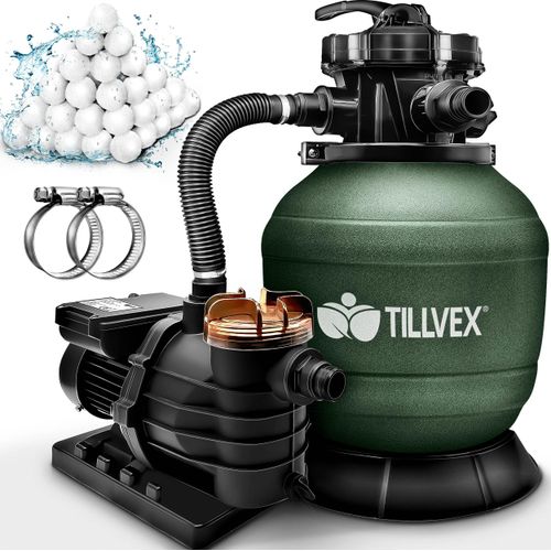 tillvex® Sandfilteranlage Pool Grün 13.200L/h bis 40.000L + 1200g Filterbälle | Filteranlage 7-Wege Ventil & 2in1 Adapter Ø32-38mm | Poolfilter Selbstansaugend | Sandfilter Schwimmbecken