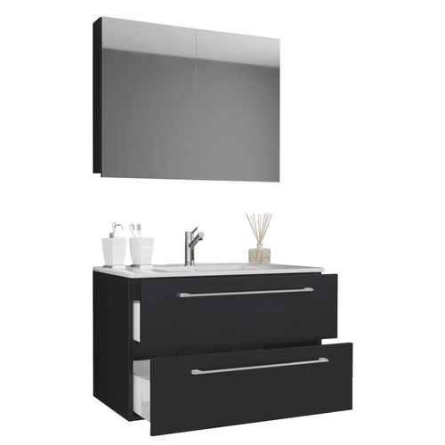 Mid.you Badezimmer VCM Badinos , Schwarz , Metall , 3-teilig , 2,2 Schubladen , 60 cm , hängend , Badezimmer, Badmöbelsets & Badmöbelserien,