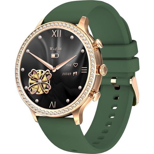 Damen Rund,1.32 Zoll Smartwatch Damen mit Telefonfunktion Diamanten Sportuhr mit Blutdruckmessung Schlafüberwachung Pulsuhr Schrittzähler Android IOS