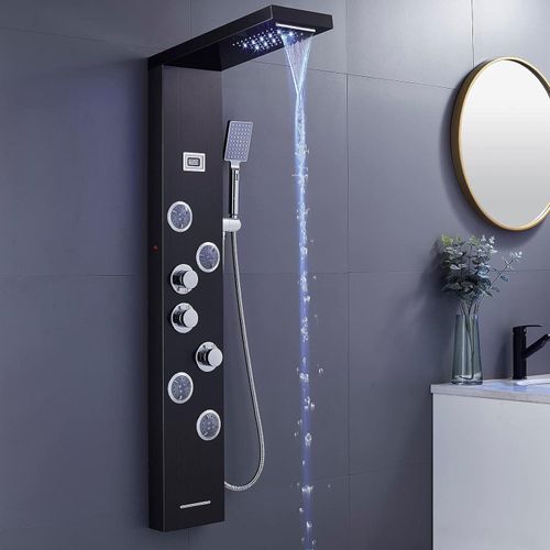 Duschpaneel Regendusche Edelstahl Schwarz mit LED-Lichter,5 Funktionen Duschsystem mit Handbrause, Massagedusche und Wasserfall Dusche