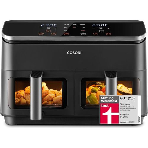 Heißluftfritteuse mit Doppelkammer, 8.5L Max Airfryer mit Zubehör, 50+ Online Recepte, 8 in 1 Funktionen, Sichtfenster, Energiesparend