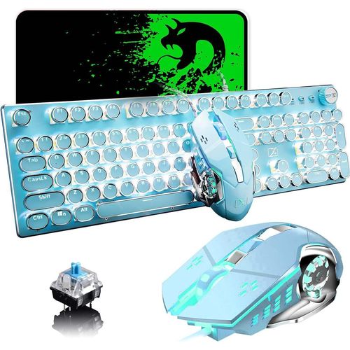 USB-Tastatur mit Kabel, mechanisch, blauer Schalter, Retro, Steampunk, Vintage, Schreibmaschinen-Stil, weiße LED-Hintergrundbeleuchtung, 104 Tasten