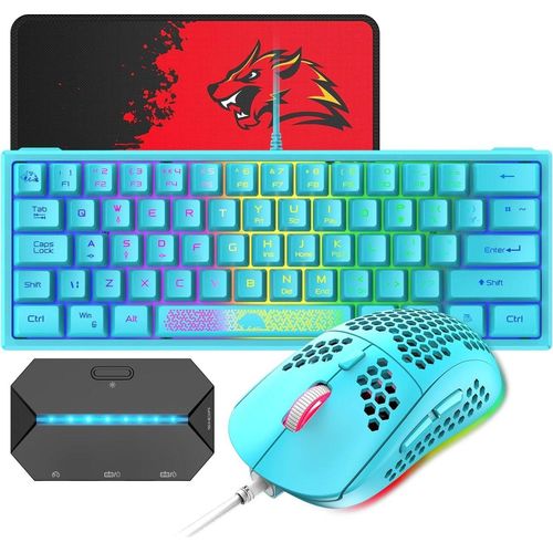 Gaming-Tastatur- und -Maus-Set, 62 Tasten, UK-Layout, RGB, 12000 DPI, atmungsaktive Lichter, Wabenmaus, USB-Gaming-Controller-Adapter, für Laptop