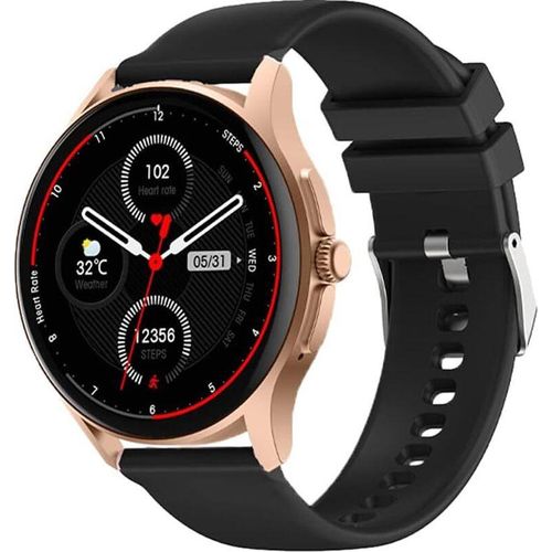 Gold Rund - Gesundheitsuhr Smartwatch - EKG + HRV Funktion - BT Bluetooth - Schlafapnoe - Blutdruck - Silikonband Schwarz, 14-24