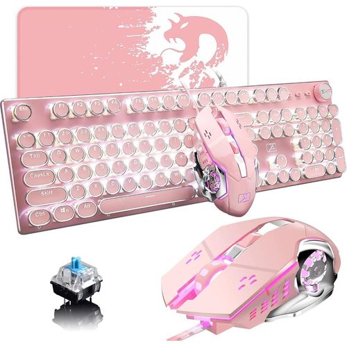 USB-Tastatur mit Kabel, mechanisch, blauer Schalter, Retro, Steampunk, Vintage, Schreibmaschinen-Stil, weiße LED-Hintergrundbeleuchtung, 104 Tasten