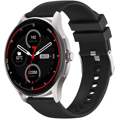Neo (2024) Silber Rund - Gesundheitsuhr Smartwatch - EKG + HRV Funktion - BT Bluetooth - Schlafapnoe - Blutdruck - Silikonband Schwarz, 14-24