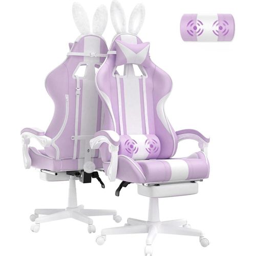 Gaming Stuhl Ergonomisch Gaming Sessel mit Fußstütze Gaming Chair mit Kopfstütze und Lendenkissen PC Stuhl Racing Computerstuhl mit Hasenohren Violett