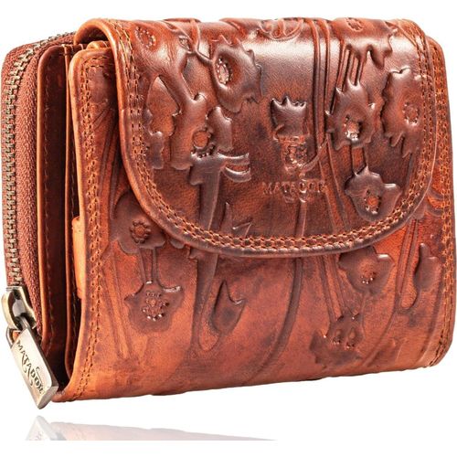 Geldbörse für Damen Portemonnaie Echt Leder Geldtasche mit em RFID NFC Schutz Blocker Vintage Braun Geldbeutel Blumenmuster 12 x 10 x4.5 cm