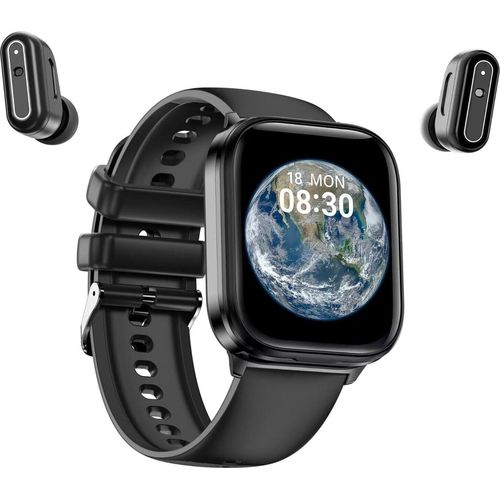 Smartwatch mit kabellosen Kopfhörern Mini In-Ear Bluetooth Earbuds Pulsuhr, Schrittzähler, Gesundheitsuhr Sportuhr für Herren Musik-Uhr