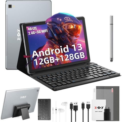 Tablet 10 Zoll Android 12 Tablett 4GB + 64GB (512GB TF) 5G WiFi, Dual Kamera, 10.1'' HD IPS, Bluetooth 5.0, GPS Tablet mit Tastatu kabelloser Maus
