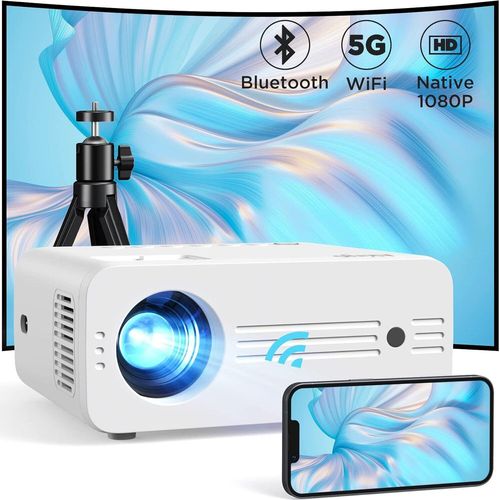 Beamer, Full HD 1080P 2.4/5G Hz WiFi Bluetooth Beamer 200 ANSI, Groß Display 75% Zoom LED Heimkino Video Beamer mit Stativ, 90000 Stunden Lebensdauer