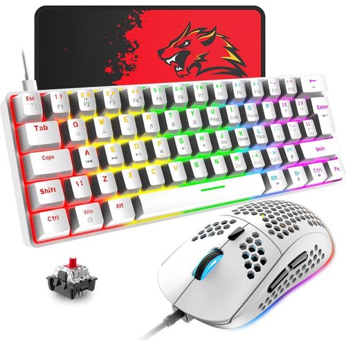 Tastatur-Maus-Sets, Kompakt 62 Tasten, Typ C Wired, 19 Hintergrundbeleuchtung Gaming-Tastatur + 6400 DPI RGB Maus + Mauspad, UK Layout für PC,Laptop