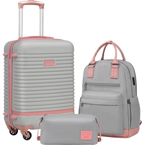 Koffer Trolley Koffer Reisekoffer von ABS Hartschalen Trolley 4 Rollen TSA-Schloss Der Koffer Enthält 1 Reiserucksack und 1 Kulturbeutel (Grau/Rosa)
