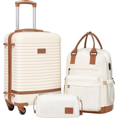 Trolley Koffer Reisekoffer von ABS Hartschalen Trolley 4 Rollen TSA-Schloss Der Koffer Enthält 1 Reiserucksack und 1 Kulturbeutel (Weiß/Braun