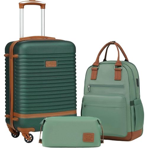 Trolley Koffer Reisekoffer von ABS Hartschalen Trolley 4 Rollen TSA-Schloss Der Koffer Enthält 1 Reiserucksack und 1 Kulturbeutel (Dunkelgrün/Braun