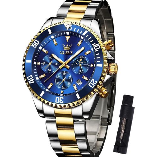 Multifunktionsuhr für Herren mit Datum, Golde und Silber Edelstahl Analog Uhren für Herren, Klassische Drehbarer Lünette Herren Armbanduhr