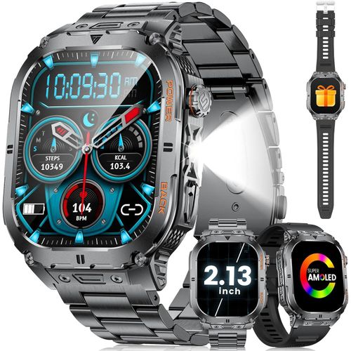 Smartwatch Herren 3ATM Wasserdicht mit Anruf/LED-Taschenlampe, 2,13'' HD AMOLED Großbildschirm Militär 100+ Sportmodi Fitnessuhr