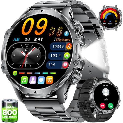 Smartwatch Herren 800mAh Akku HD Großes Display/LED Taschenlampe mit Telefonfunktion, 110+ Sportmodi Fitness IP68 Wasserdicht
