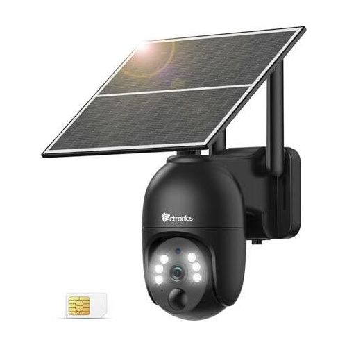 Ctronics 4G LTE Outdoor Solar Wireless Überwachungskamera SIM -Karte, 2K HD PTZ IP ohne WLAN, 10400 mAh Akku, PC/FTP/Cloud, Color Night Vision,