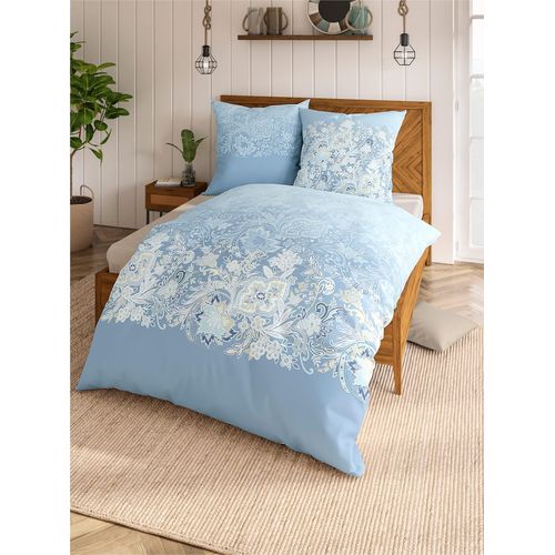 Bettwäsche KAEPPEL Gr. 2, blau (hellblau, bedruckt), B/L: 155cm x 200cm, , Mako-Satin, B/L: 80cm x 80cm, Mako-Satin, 100% Baumwolle, Bettwäsche