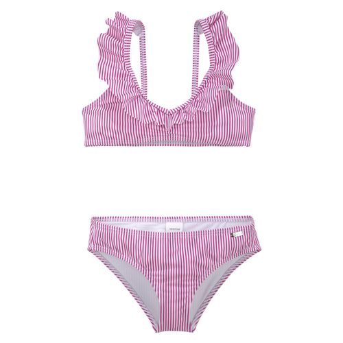 Bustier-Bikini BUFFALO, Kinder, Gr. 170/176, N-Gr, lila (beere, weiß), Polyamid, Bikini-Sets, mit Volants am Ausschnitt