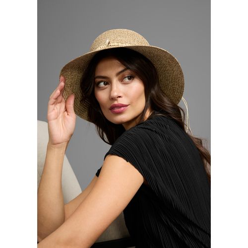 Sonnenhut LAURA SCOTT, Damen, beige (natur), Web, Obermaterial: 100% Papierstroh, vintage, meliert, modisch,feminin, Hüte, mit Muschel- & Holzperlen, knautsch- & faltbar - NEW