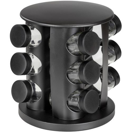 Gewürzkarussell WENKO "Modell Bruna", schwarz, H:21,5cm Ø:18,5cm, Gewürzstreuer, Gewürzregal Gewürzstreuer, 360 drehbares Gewürzregal mit 12 Gewürzgläsern und Stickern