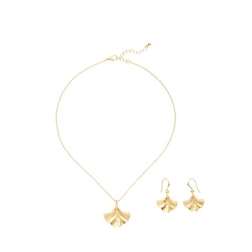 Ohrring und Ketten Set LASCANA, gold (goldfarben), Schmuck-Sets, Damen, Metall, 2-teiliges Set aus Halskette und Ohrringe, Ginkgo Anhänger