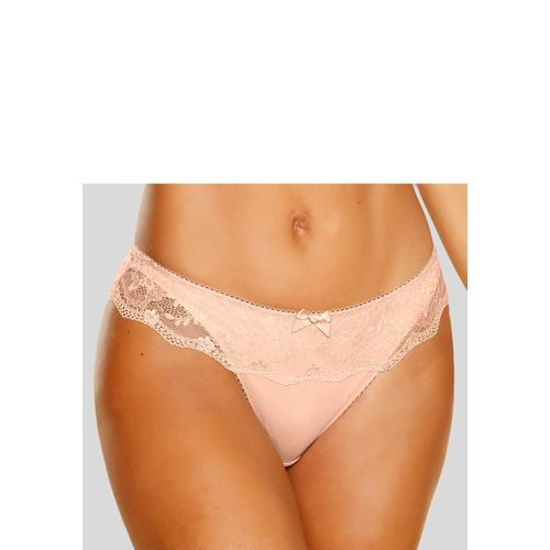 String LASCANA, Damen, Gr. 32/34, braun (toffee), Obermaterial: 85% Polyamid, 15% Elasthan, figurbetont, Unterhosen, mit breitem Bund aus blumiger Spitze, Dessous