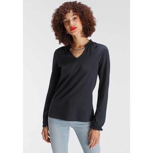 Langarmshirt AJC, Damen, Gr. 32, blau (marine), Jersey, Obermaterial: 95% Baumwolle, 5% Elasthan, feminin, figurbetont hüftbedeckend, V-Ausschnitt, Langarm Lochstickerei, Shirts