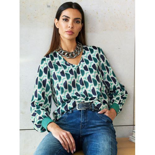 Druckbluse HEINE, Damen, Gr. 48, bunt (grün, marine, bedruckt), 100% Polyester, gemustert, mehrfarbig, bedruckt, V-Ausschnitt, Langarm, Blusen
