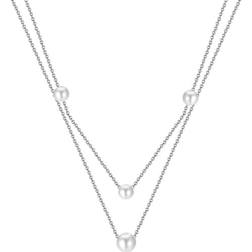 Kette mit Anhänger FIRETTI "Schmuck Geschenk Edelstahl Halsschmuck Halskette Layer doppelreihig", silber (edelstahlfarben, weiß), Halsketten, Damen, Edelstahl Perlen, L: 44,5, Edelstahl, Perlen, mit Perle (synth.)