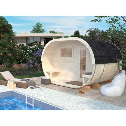 Fasssauna PALMAKO, beige (natur), ohne Ofen, (ohne Ofen), Saunen, 1,3 + 1,5 m², BxT: 333 x 273 cm