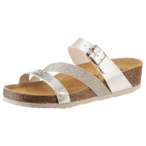 Pantolette ANISTON SHOES, Damen, Gr. 41, gold (goldfarben), Lederimitat, casual, Schuhe Pantolette, Keilabsatz, Sommerschuh, Schlappen mit Schnallenverschluss