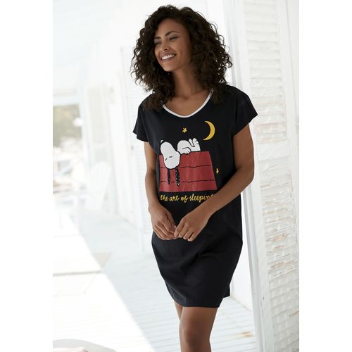 Nachthemd PEANUTS, Damen, Gr. 40/42, N-Gr, schwarz, Single Jersey, Obermaterial: 100% Baumwolle, bedruckt, feminin, bequem, Rundhals, Kurzarm, Kleider, mit Snoopy Druckmotiv