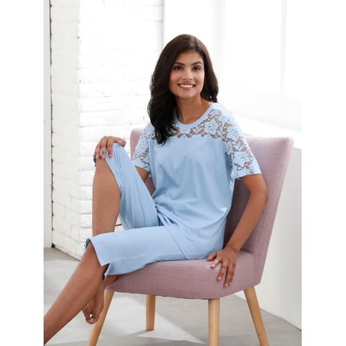 Schlafanzug, Damen, Gr. 56/58, blau (eisblau), 100% Baumwolle, Spitze:80% Baumwolle, 20% Polyamid, Homewear-Sets