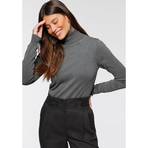 Rollkragenpullover BRUNO BANANI, Damen, Gr. 40/42, grau (grau melange nachhaltig), Feinstrick, Obermaterial: 70% Viskose, 30% Polyamid, clean, unifarben, Basic, figurbetont hüftlang, Langarm Rippbündchen, Pullover Rollkragenpullover Pullover, mit Metalllogo