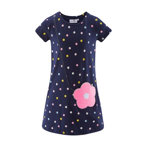Minikleid HAPPY GIRLS, Mädchen, Gr. 122, N-Gr, blau (navy), Jersey, Obermaterial: 95% Baumwolle, 5% Elasthan, bedruckt, casual, regular fit kniefrei, Rundhals, Kurzarm, Kleider