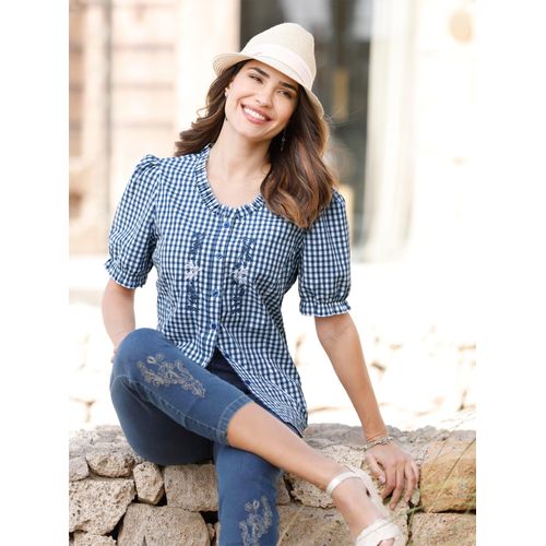 Trachtenbluse CLASSIC BASICS, Damen, Gr. 38, blau (jeansblau, weiß, kariert), 65% Polyester, 35% Baumwolle, gemustert, kariert, mehrfarbig, Rundhals, Kurzarm, Blusen