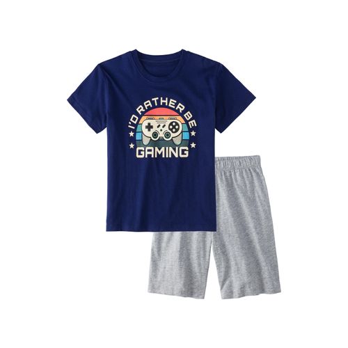 Pyjama AUTHENTIC LE JOGGER, Kinder, Gr. 170/176, blau (navy, grau meliert), Jersey, Obermaterial: 100% Baumwolle, meliert, Basic, bequem kurz, Rundhals, Kurzarm abgesteppte Kante, Homewear-Sets, Schlafanzug mit großem Gaming - Print vorn