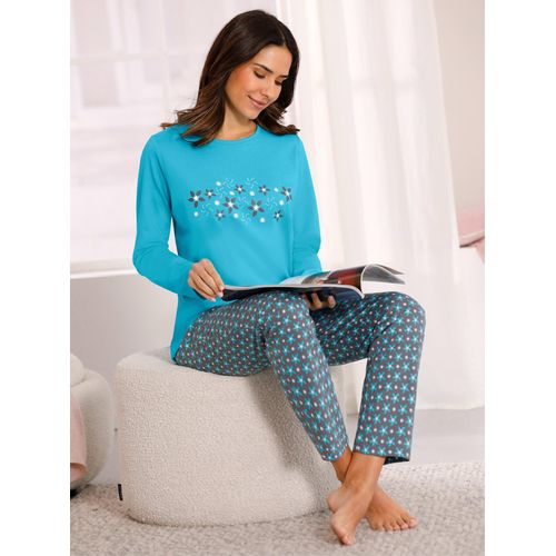 Schlafanzug, Damen, Gr. 36/38, blau (türkis, anthrazit, bedruckt), 100% Baumwolle, Homewear-Sets