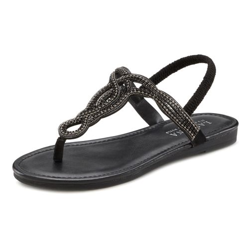 Zehentrenner LASCANA, Damen, Gr. 37, schwarz, Obermaterial: 100% Textilmaterial. Futter: 100% Lederimitat. Decksohle: 100% Lederimitat. Laufsohle: 100% Synthetik, Glitzer, bestickt, modisch, Schuhe Sommerschuh Zehenstegsandale, Sandale, Pantolette mit Schmucksteinen in Glitzer-Optik VEGAN, Topseller