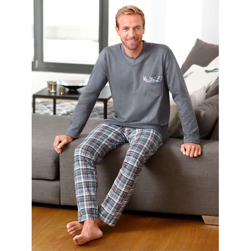 Schlafanzug TOP TEN, Herren, Gr. 60/62, grau (grau, kariert), 100% Baumwolle, Langarm, Homewear-Sets