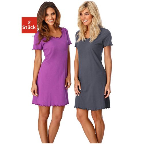 Nachthemd VIVANCE DREAMS, Damen, Gr. 40/42, N-Gr, lila (lila, anthrazit), Single Jersey, Obermaterial: 100% Baumwolle, unifarben, casual, bequem kurz, Rundhals, Kurzarm, Kleider, mit Kräuselrändern, Topseller