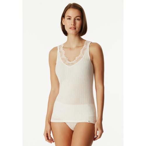 Unterhemd SCHIESSER, Damen, Gr. 40, N-Gr, weiß (102, off, weiß), Feinripp, Obermaterial: 100% Baumwolle, unifarben, casual, figurbetont, tiefer Rundhals, Halbarm, Unterhemden, mit rundem Halsausschnitt mit seidig schimmerndem Einfass
