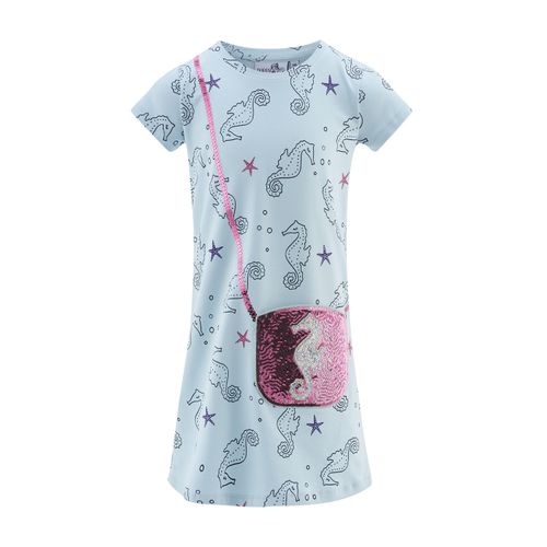Minikleid HAPPY GIRLS, Mädchen, Gr. 110, N-Gr, blau (light blau), Jersey, Obermaterial: 95% Baumwolle, 5% Elasthan, bedruckt, casual, regular fit knielang, Rundhals, Kurzarm, Kleider